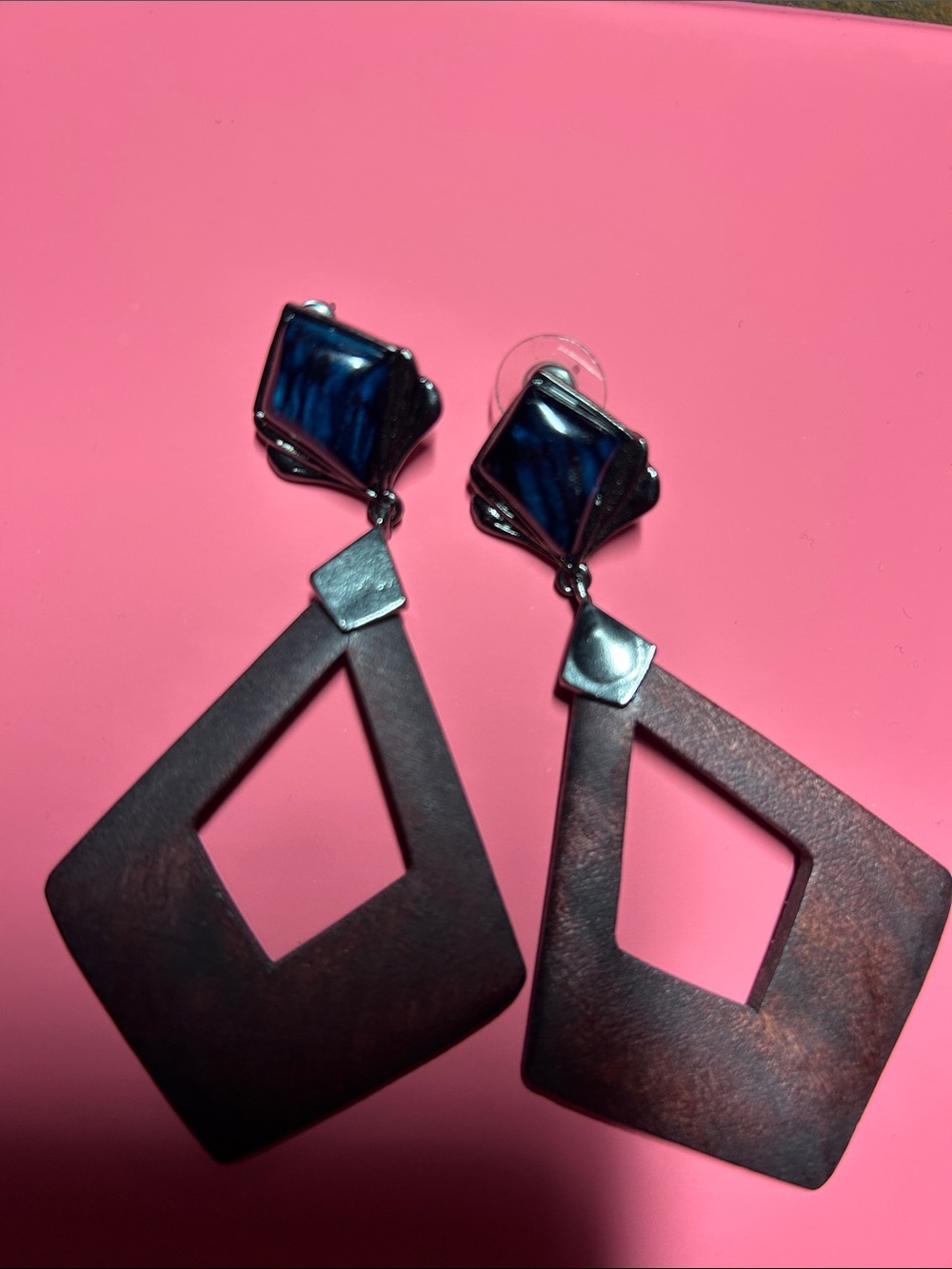 Blue Stone and Brown Geometric Drop Earrings